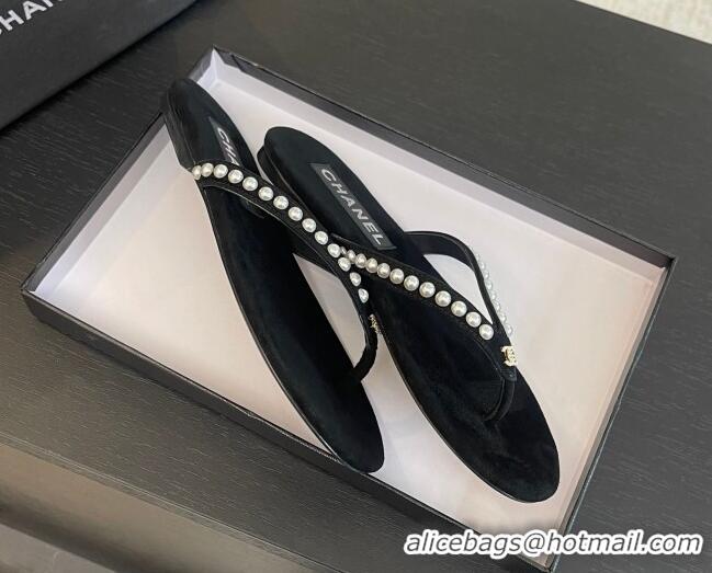 Perfect Chanel Suede Flat Thong Slide Sandals with Pearls G46205 Black 0102051