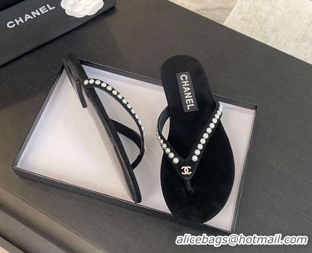 Perfect Chanel Suede Flat Thong Slide Sandals with Pearls G46205 Black 0102051