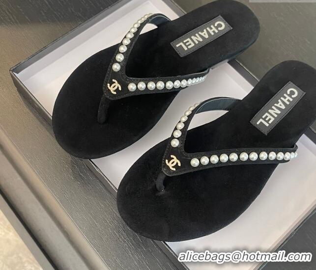 Perfect Chanel Suede Flat Thong Slide Sandals with Pearls G46205 Black 0102051