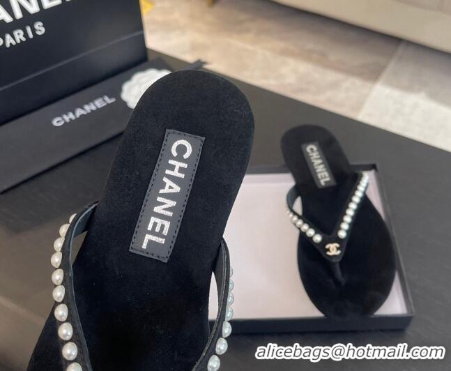 Perfect Chanel Suede Flat Thong Slide Sandals with Pearls G46205 Black 0102051