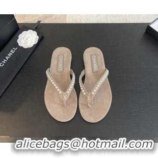 Popular Style Chanel Suede Flat Thong Slide Sandals with Pearls G46205 Khaki Grey 0102052