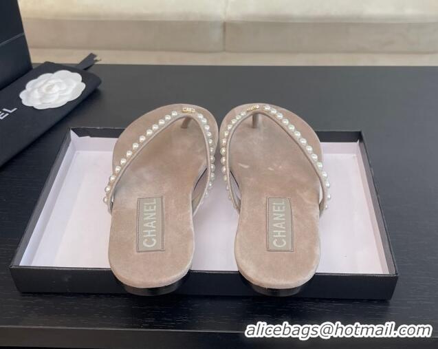 Popular Style Chanel Suede Flat Thong Slide Sandals with Pearls G46205 Khaki Grey 0102052