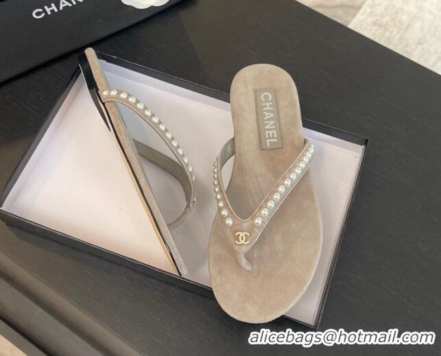 Popular Style Chanel Suede Flat Thong Slide Sandals with Pearls G46205 Khaki Grey 0102052