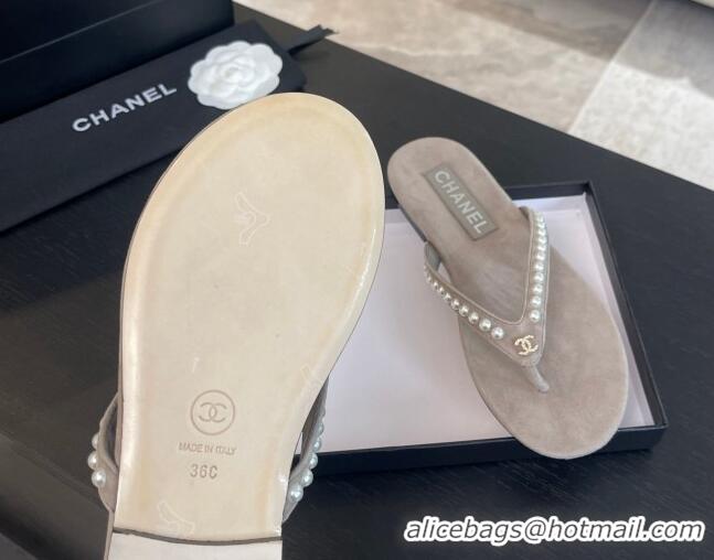 Popular Style Chanel Suede Flat Thong Slide Sandals with Pearls G46205 Khaki Grey 0102052