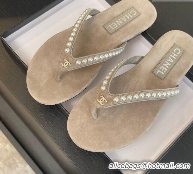 Popular Style Chanel Suede Flat Thong Slide Sandals with Pearls G46205 Khaki Grey 0102052