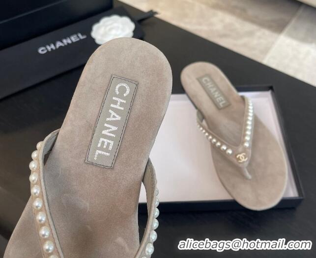 Popular Style Chanel Suede Flat Thong Slide Sandals with Pearls G46205 Khaki Grey 0102052