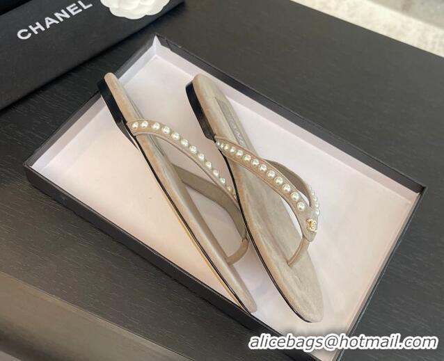 Popular Style Chanel Suede Flat Thong Slide Sandals with Pearls G46205 Khaki Grey 0102052