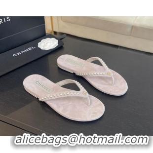 Charming Chanel Suede Flat Thong Slide Sandals with Pearls G46205 Purple Grey 0102053