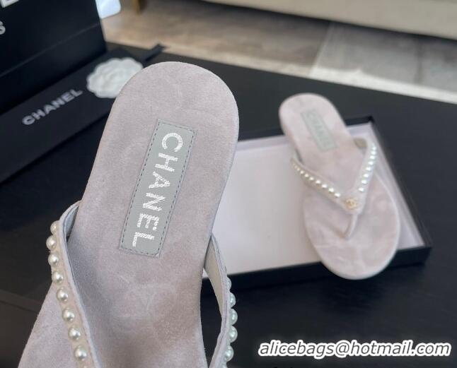 Charming Chanel Suede Flat Thong Slide Sandals with Pearls G46205 Purple Grey 0102053