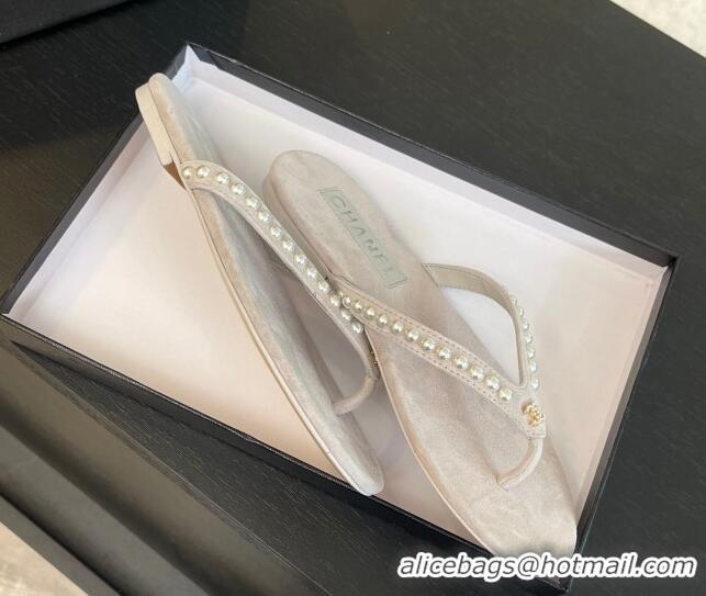 Charming Chanel Suede Flat Thong Slide Sandals with Pearls G46205 Purple Grey 0102053