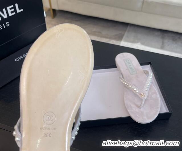 Charming Chanel Suede Flat Thong Slide Sandals with Pearls G46205 Purple Grey 0102053