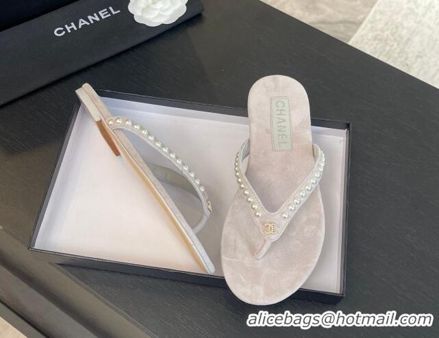 Charming Chanel Suede Flat Thong Slide Sandals with Pearls G46205 Purple Grey 0102053