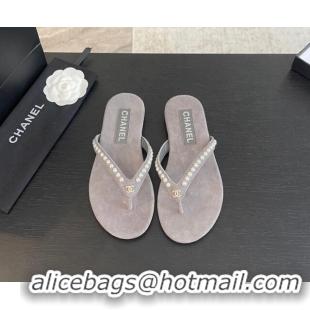 Trendy Design Chanel Suede Flat Thong Slide Sandals with Pearls G46205 Dark Grey 0102054