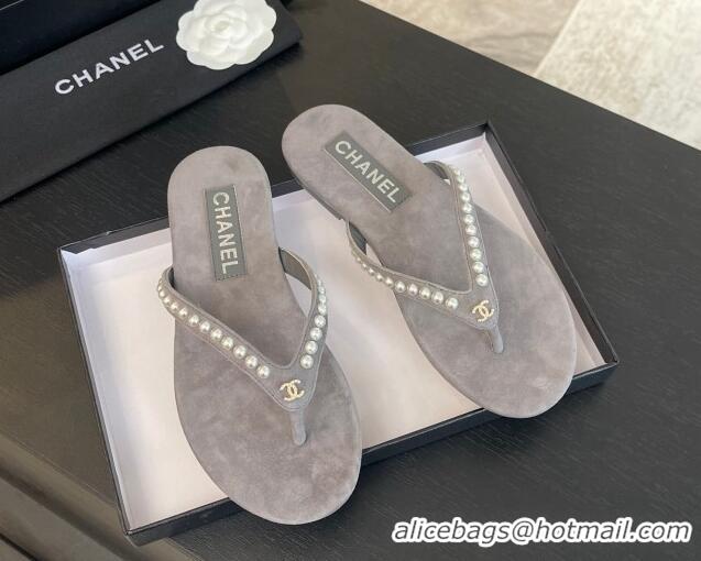 Trendy Design Chanel Suede Flat Thong Slide Sandals with Pearls G46205 Dark Grey 0102054