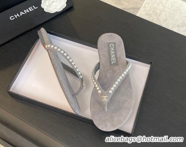 Trendy Design Chanel Suede Flat Thong Slide Sandals with Pearls G46205 Dark Grey 0102054