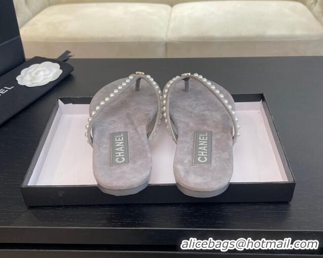 Trendy Design Chanel Suede Flat Thong Slide Sandals with Pearls G46205 Dark Grey 0102054