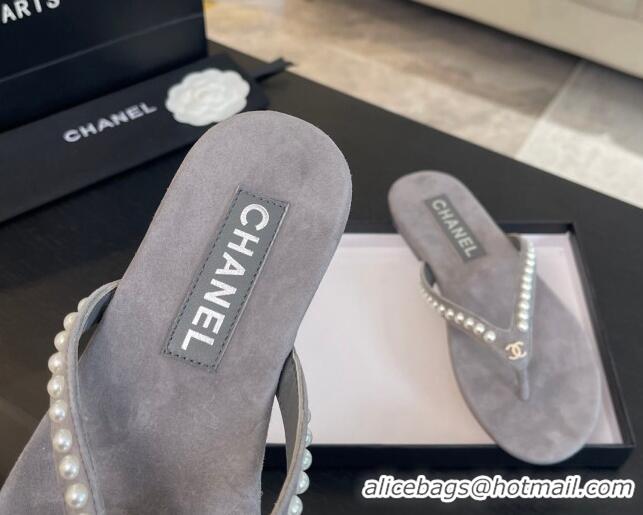 Trendy Design Chanel Suede Flat Thong Slide Sandals with Pearls G46205 Dark Grey 0102054