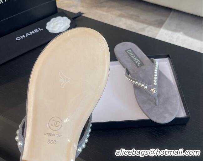 Trendy Design Chanel Suede Flat Thong Slide Sandals with Pearls G46205 Dark Grey 0102054