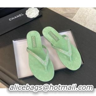 Big Discount Chanel Suede Flat Thong Slide Sandals with Strass G46205 Green 0102055