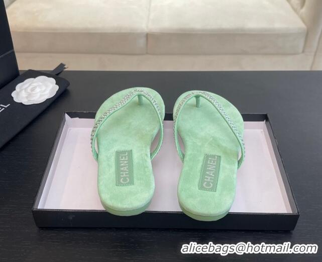 Big Discount Chanel Suede Flat Thong Slide Sandals with Strass G46205 Green 0102055