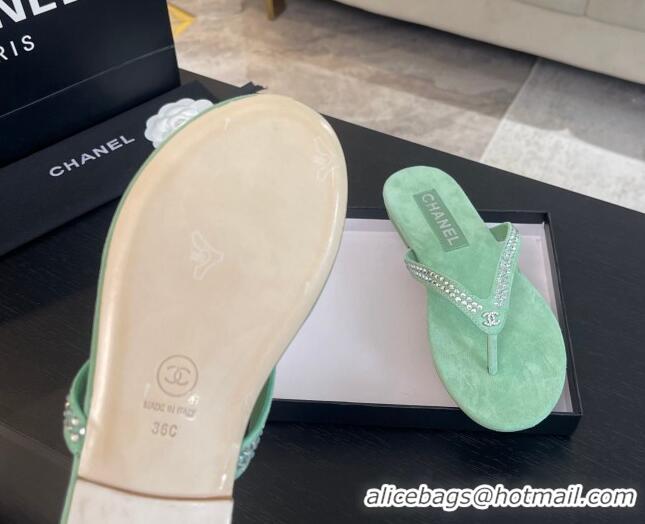 Big Discount Chanel Suede Flat Thong Slide Sandals with Strass G46205 Green 0102055