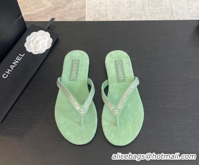 Big Discount Chanel Suede Flat Thong Slide Sandals with Strass G46205 Green 0102055