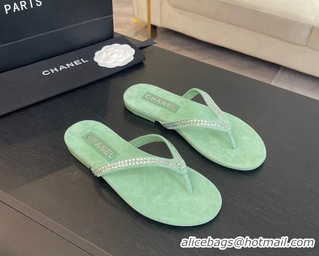 Big Discount Chanel Suede Flat Thong Slide Sandals with Strass G46205 Green 0102055