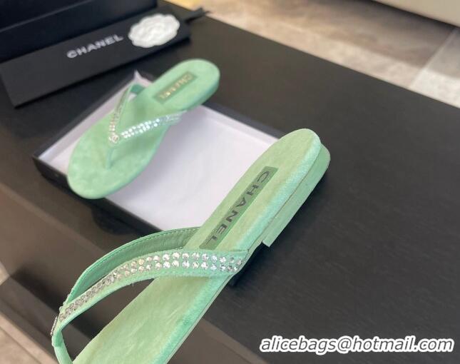 Big Discount Chanel Suede Flat Thong Slide Sandals with Strass G46205 Green 0102055