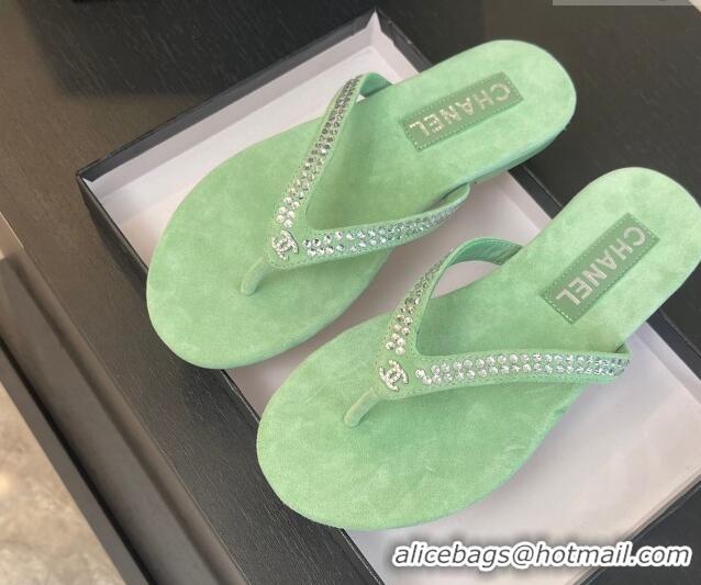 Big Discount Chanel Suede Flat Thong Slide Sandals with Strass G46205 Green 0102055