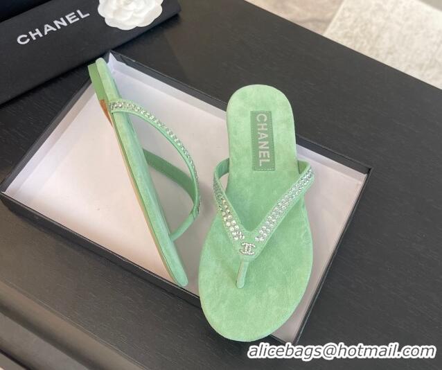 Big Discount Chanel Suede Flat Thong Slide Sandals with Strass G46205 Green 0102055