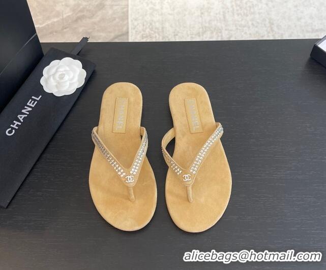 Unique Discount Chanel Suede Flat Thong Slide Sandals with Strass G46205 Beige 0102056