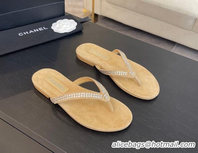 Unique Discount Chanel Suede Flat Thong Slide Sandals with Strass G46205 Beige 0102056