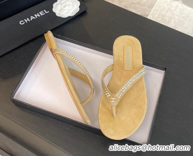 Unique Discount Chanel Suede Flat Thong Slide Sandals with Strass G46205 Beige 0102056