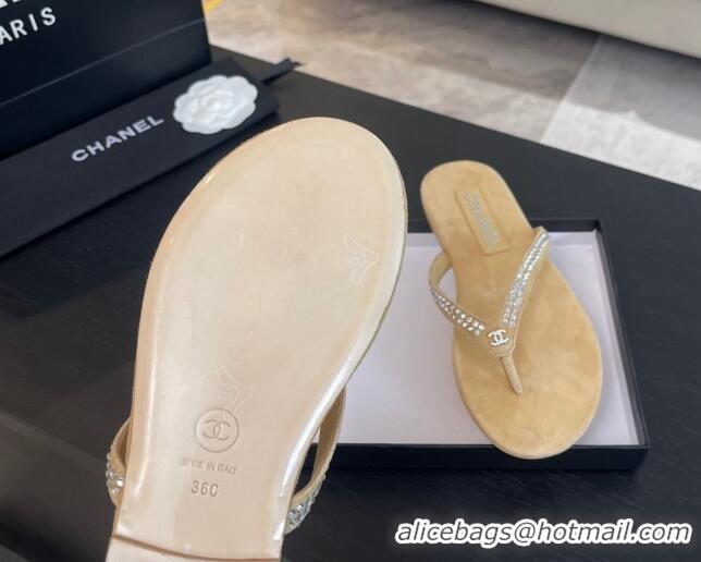 Unique Discount Chanel Suede Flat Thong Slide Sandals with Strass G46205 Beige 0102056