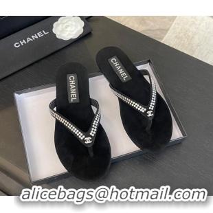 Good Quality Chanel Suede Flat Thong Slide Sandals with Strass G46205 Black 0102057