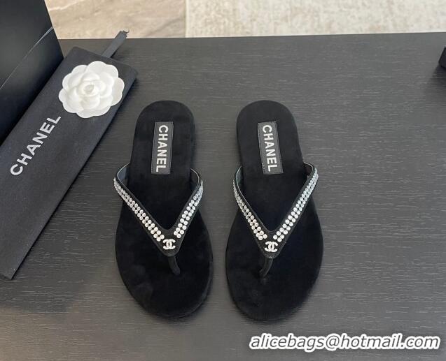 Good Quality Chanel Suede Flat Thong Slide Sandals with Strass G46205 Black 0102057