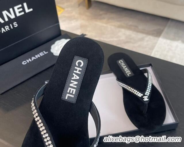 Good Quality Chanel Suede Flat Thong Slide Sandals with Strass G46205 Black 0102057