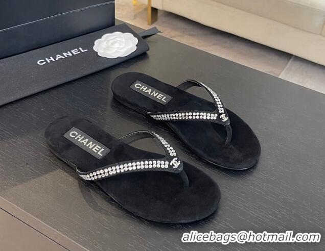 Good Quality Chanel Suede Flat Thong Slide Sandals with Strass G46205 Black 0102057