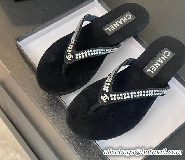 Good Quality Chanel Suede Flat Thong Slide Sandals with Strass G46205 Black 0102057