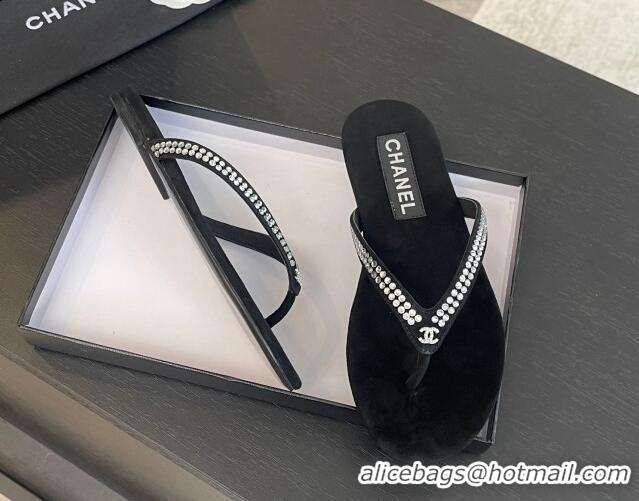 Good Quality Chanel Suede Flat Thong Slide Sandals with Strass G46205 Black 0102057