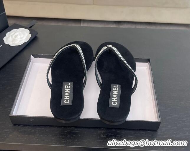 Good Quality Chanel Suede Flat Thong Slide Sandals with Strass G46205 Black 0102057