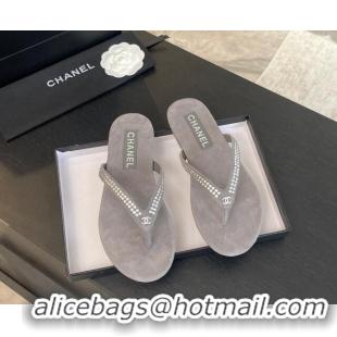 Cheap Price Chanel Suede Flat Thong Slide Sandals with Strass G46205 Dark Grey 0102058