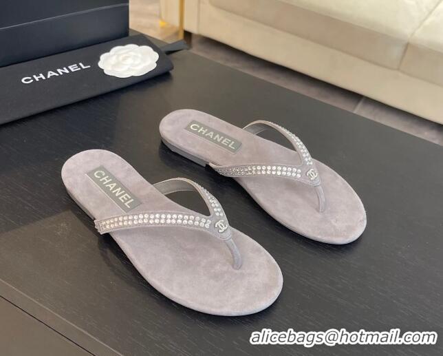 Cheap Price Chanel Suede Flat Thong Slide Sandals with Strass G46205 Dark Grey 0102058