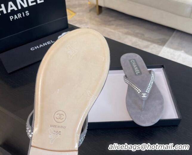 Cheap Price Chanel Suede Flat Thong Slide Sandals with Strass G46205 Dark Grey 0102058