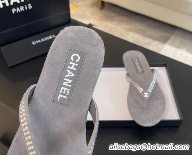 Cheap Price Chanel Suede Flat Thong Slide Sandals with Strass G46205 Dark Grey 0102058