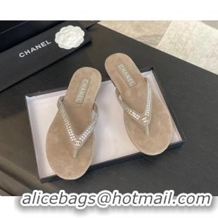 Luxury Discount Chanel Suede Flat Thong Slide Sandals with Strass G46205 Khaki Grey 0102059