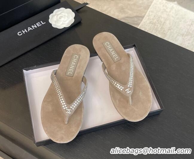 Luxury Discount Chanel Suede Flat Thong Slide Sandals with Strass G46205 Khaki Grey 0102059