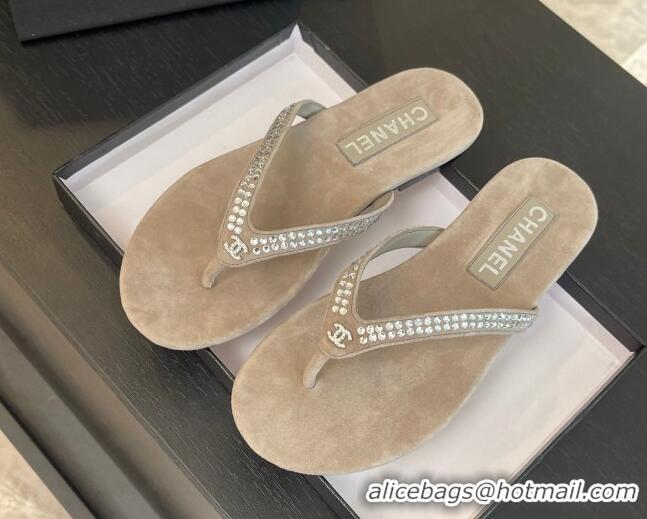 Luxury Discount Chanel Suede Flat Thong Slide Sandals with Strass G46205 Khaki Grey 0102059