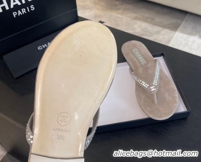 Luxury Discount Chanel Suede Flat Thong Slide Sandals with Strass G46205 Khaki Grey 0102059