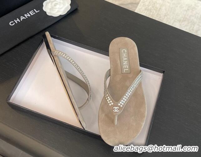 Luxury Discount Chanel Suede Flat Thong Slide Sandals with Strass G46205 Khaki Grey 0102059